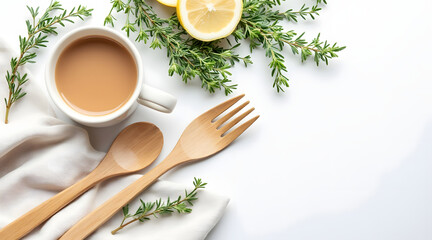 Eco friendly wooden spoon and fork with fresh green herbs and lemon half near cup of coffee on white cloth
