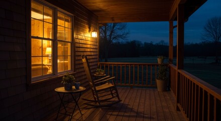 Serene night scene on a wooden porch, illuminated by warm interior light, overlooking a tranquil landscape