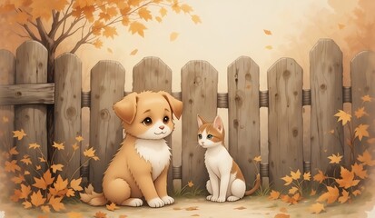 Cozy Fall Buddies: A Sweet Puppy and Kitten Amidst Autumn Leaves