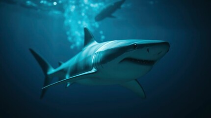 Fototapeta premium Two sharks swim in dark water one closer with visible teeth Bubbles float upwards