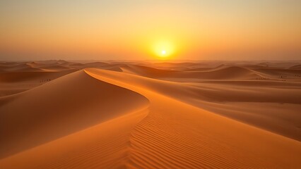 Vast desert dunes bathed in sunset hues, creating a serene and timeless landscape.