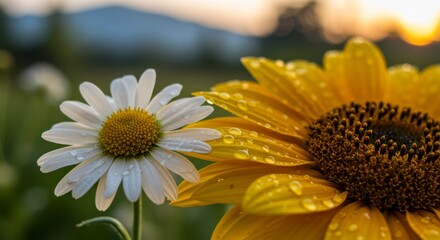 Two flowers, one white daisy and one yellow sunflower, in a field at sunset