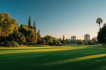 Lush parkland meets urban skyline at dawn