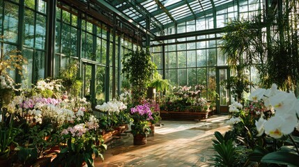 Greenhouse filled with vibrant orchids and plants