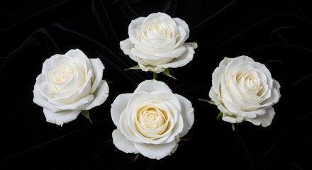 Four pristine white roses on black velvet