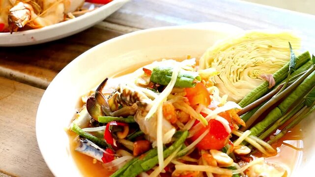 A plate of spicy thai papaya salad with crab and vegetables