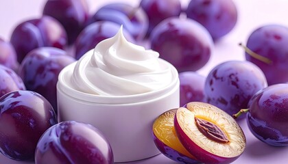 Whipped Cream with Plums Arrangement against a Creamy Background with Purple Hues in Macro View
