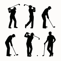 6 Black silhouette of people playing golf in different positions for designs