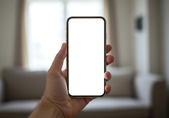A person's hand holds a modern smartphone with a blank white screen, set against a blurred living room background.