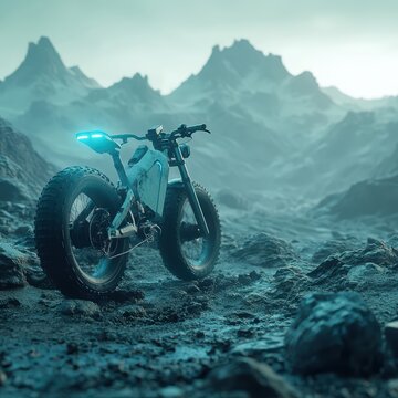 Futuristic Mountain Landscape with Electric Bike in Rocky Terrain