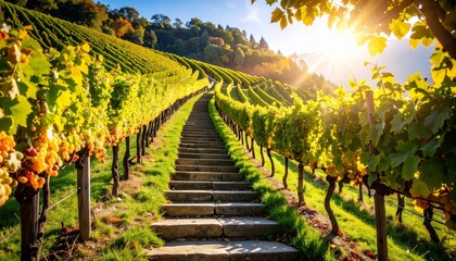Obraz premium Stone steps Through Sunlit Vineyard Rows on a Hillside