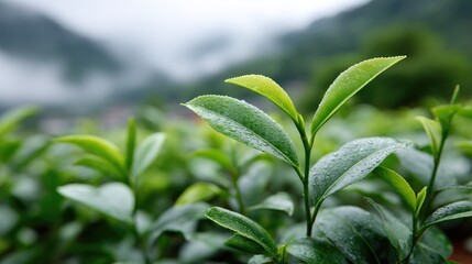 A sack filled with tea leaves rests on rough terrain, overlooking lush green hills and terraced plantations under a cloudy sky