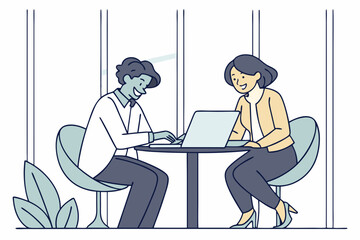 Two coworkers brainstorm ideas in an office, smiling as they share insights and collaborate productively, modern flat illustration style.