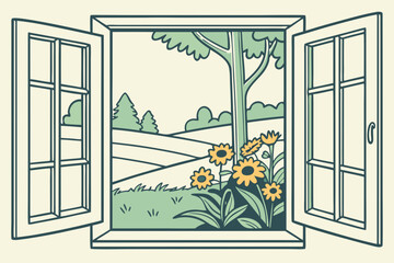 Vintage kitchen window opens to blooming sunflowers, capturing summer morning tranquility and home gardening joy, modern flat illustration style.