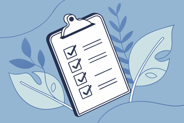 White clipboard with task checklist floats over a blue background, symbolizing productivity and organization, modern flat illustration style.