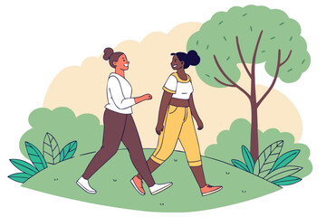 Two close friends chat happily while walking after a workout in a summer park, surrounded by greenery, modern flat illustration style.