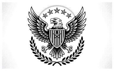 American Eagle Emblem with Stars Shield and Laurel Wreath Symbol of Freedom Strength and National Pride in Black and White