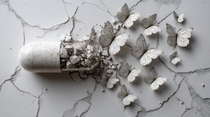 Pill Capsule With Rock Debris And White Butterflies On Cracked Surface Background