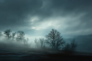 Misty, dramatic landscape at dawn or dusk