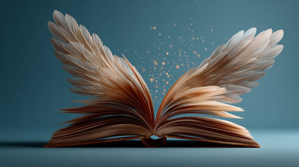 Open Book With Feather Wings And Sparkles On Blue Background Concept