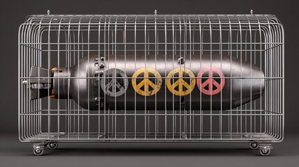 conceptual illustration of a nuclear bomb encased in a transparent cage made of intertwined peace symbols, suggesting global efforts to contain and eliminate such weapons through international 