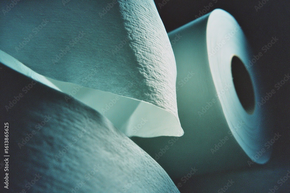 Poster close-up of soft tissue rolls highlighting texture and layers in an indoor bathroom setting during d