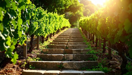 Stone steps Through Sunlit Vineyard Rows on a Hillside