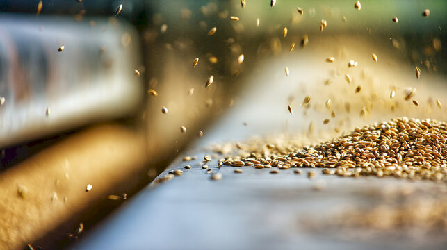 wheat grains falling onto conveyor during sorting process