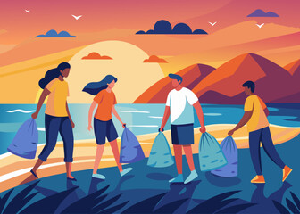 Fototapeta premium Group of diverse travelers cleaning a beach at sunset, holding reusable trash bags, with gentle waves rolling in and vibrant colors illuminating the sky