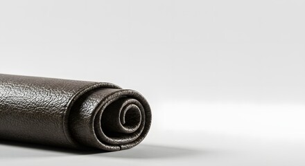 A macro shot of a rolled-up piece of dark brown faux leather material for upholstery or crafting, showing detailed texture on a clean white studio background with copy space.