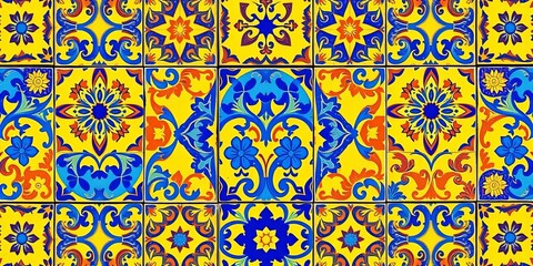 Intricate arabesque pattern in vibrant Mediterranean blues, yellows, and oranges on traditional clay tiles, craft, tiles