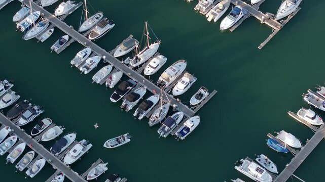 Aerial view of a marina at sunset, showing numerous yachts and boats neatly moored in parallel rows.