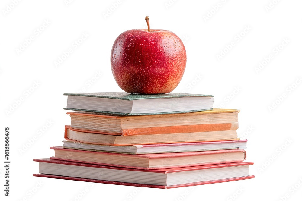 Poster stack of colorful books topped with a shiny red apple on a white background, highlighting the concep