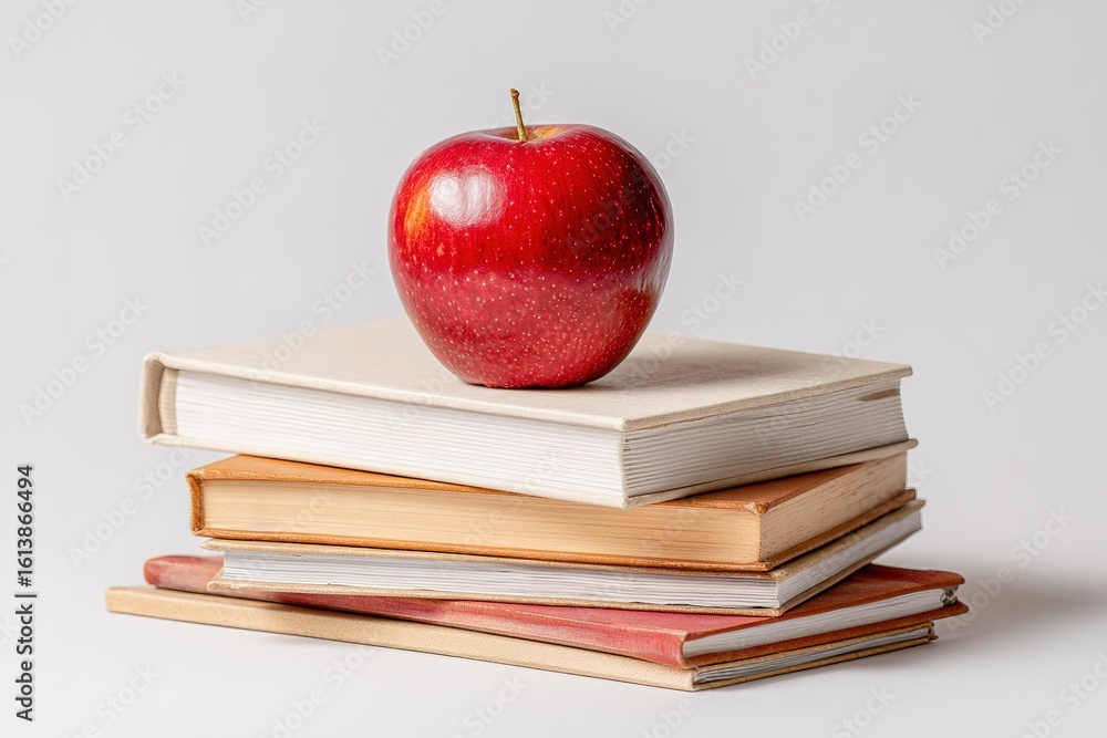 Poster red apple on stack of assorted books with neutral background in a study setting