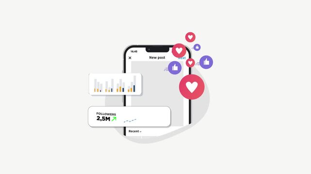 Animated social media engagement metrics motion design. likes, shares, comments, follower growth stats dashboard. 4K motion animation - Powered by Adobe