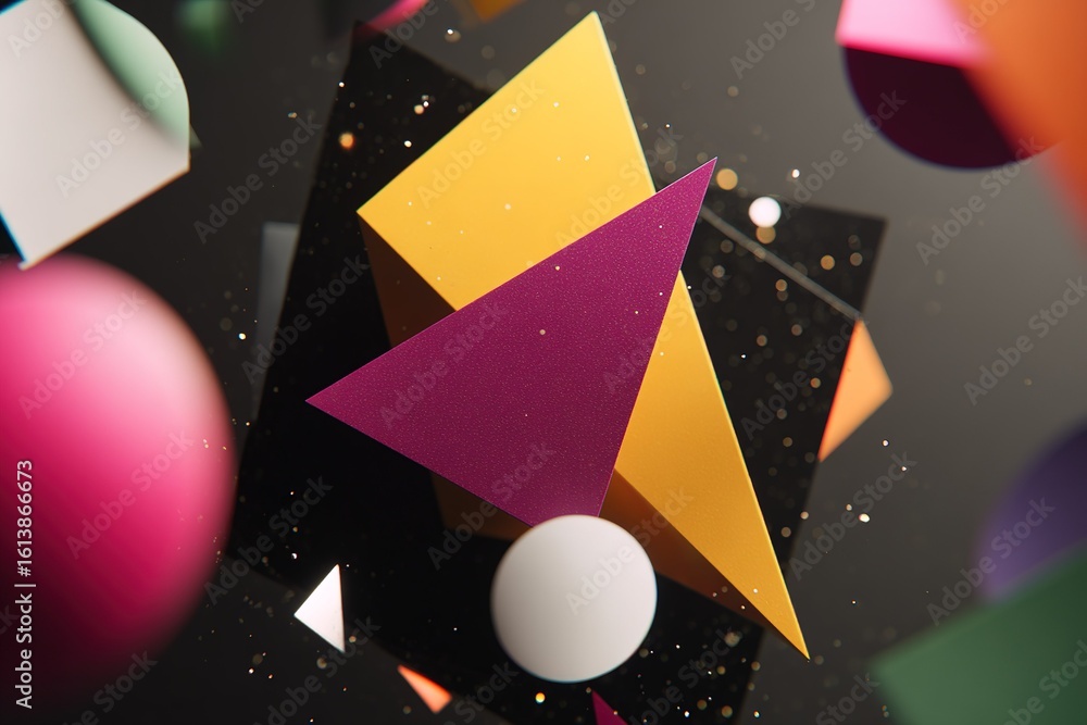 Poster colorful geometric shapes floating in a dark space create a vibrant abstract composition