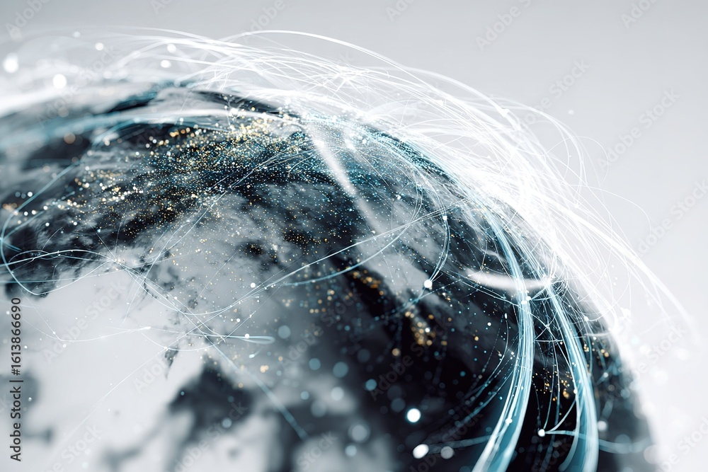 Poster digital representation of global connections with glowing light trails depicting data flow and commu