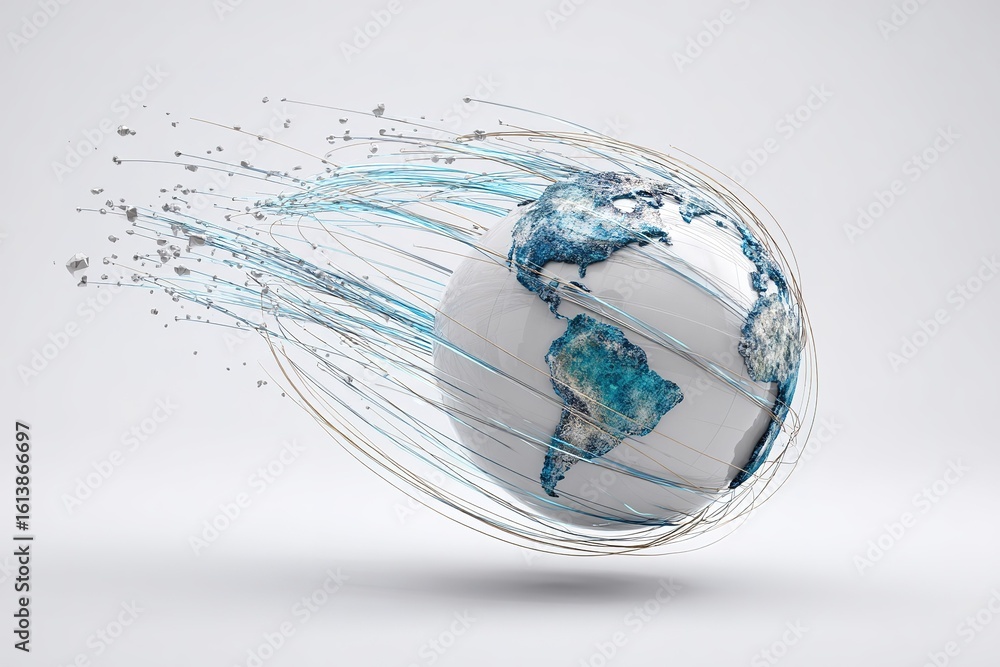 Poster stylized globe with dynamic lines representing movement and connection across continents