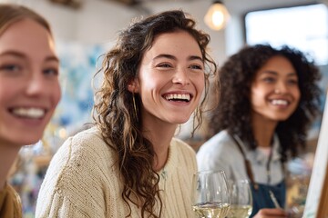 Friends enjoying a creative evening at an art studio while sipping wine and laughing together
