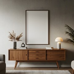 Photo of a blank frame mockup in a stylish living room setting, perfect for showcasing art or design in a home environment