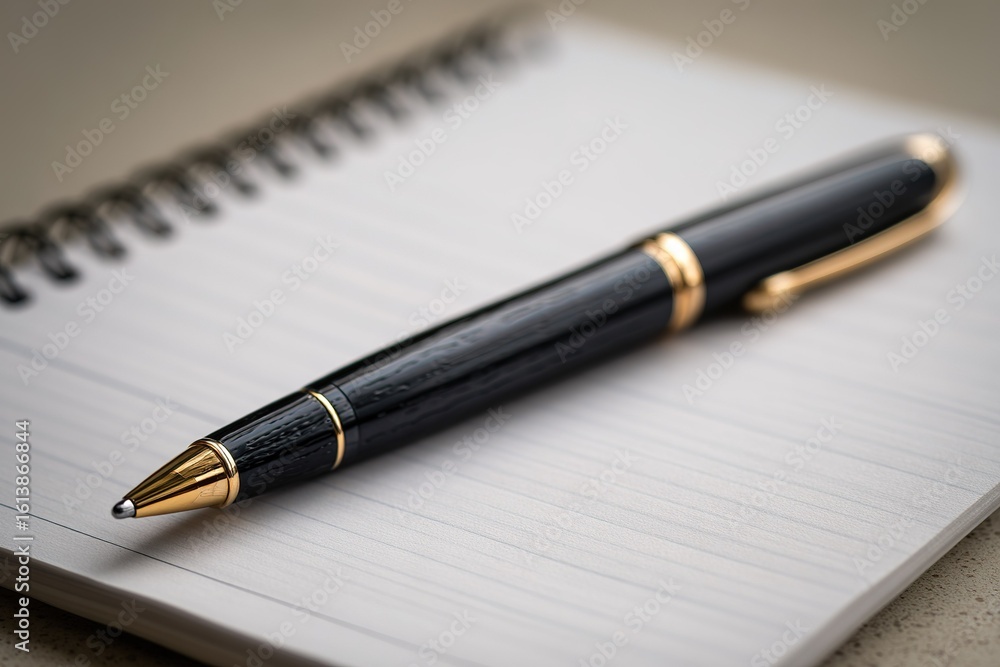 Aufkleber elegant black pen resting on a blank notepad ready for ideas and notes in an office setting during t
