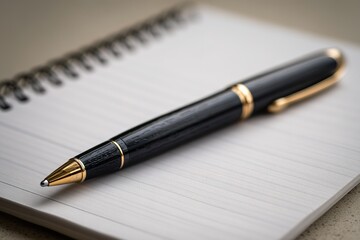 Elegant black pen resting on a blank notepad ready for ideas and notes in an office setting during the daytime