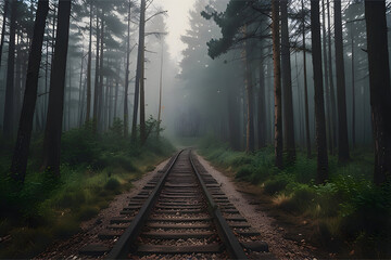 Obraz premium : A misty abandoned railway track surrounded by dense pine forest, soft morning fog covering the path, muted earthy tones, tranquil atmosphere, serene lighting, cinematic landscape