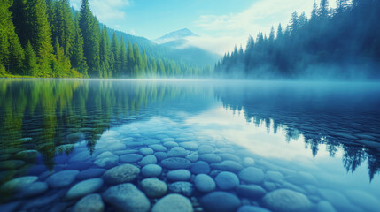 A lakeside with smooth pebbles and tall pines reflecting in still blue waters. Early morning mist rolling across.