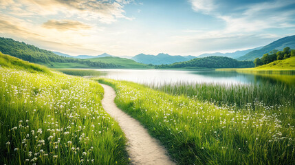 A tranquil lakeside trail surrounded by tall grasses and wildflowers.