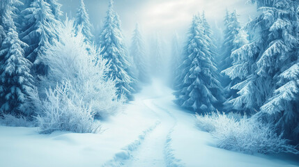 A narrow trail through a snow-dusted pine forest. Northern lights glowing in the sky.