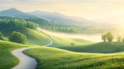 A winding trail through rolling hills. Morning mist lingering in valleys.