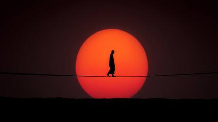 Silhouette of a Person Walking on a Rope with a Large Sun in the Background