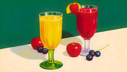 two colorful drinks with fruits on table, green background, refreshing summer beverages