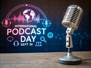 Art of vintage microphone on display for international podcast day with digital sound waves